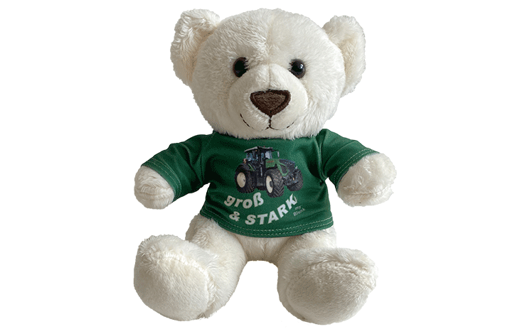 Artikel der Blunk-Kollektion: Plüsch-Teddybär mit grünem Shirt mit Aufdruck "Groß & STARK" - passend zum Kinder-T-Shirt - Artikel J-0006