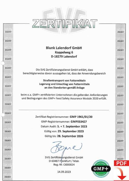 zu download: Blunk Zertifikat GMP Futtermittel Strassentransport Logistik